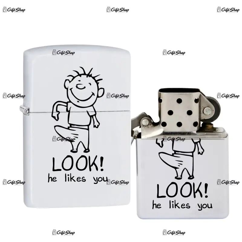 Look he likes you, bricheta metalica gravata laser cu mesaj